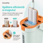 Pompa internă ridică apa curată pentru spălarea uniformă a mopului, iar peria internă ajută la îndepărtarea murdăriei și firelor de păr.