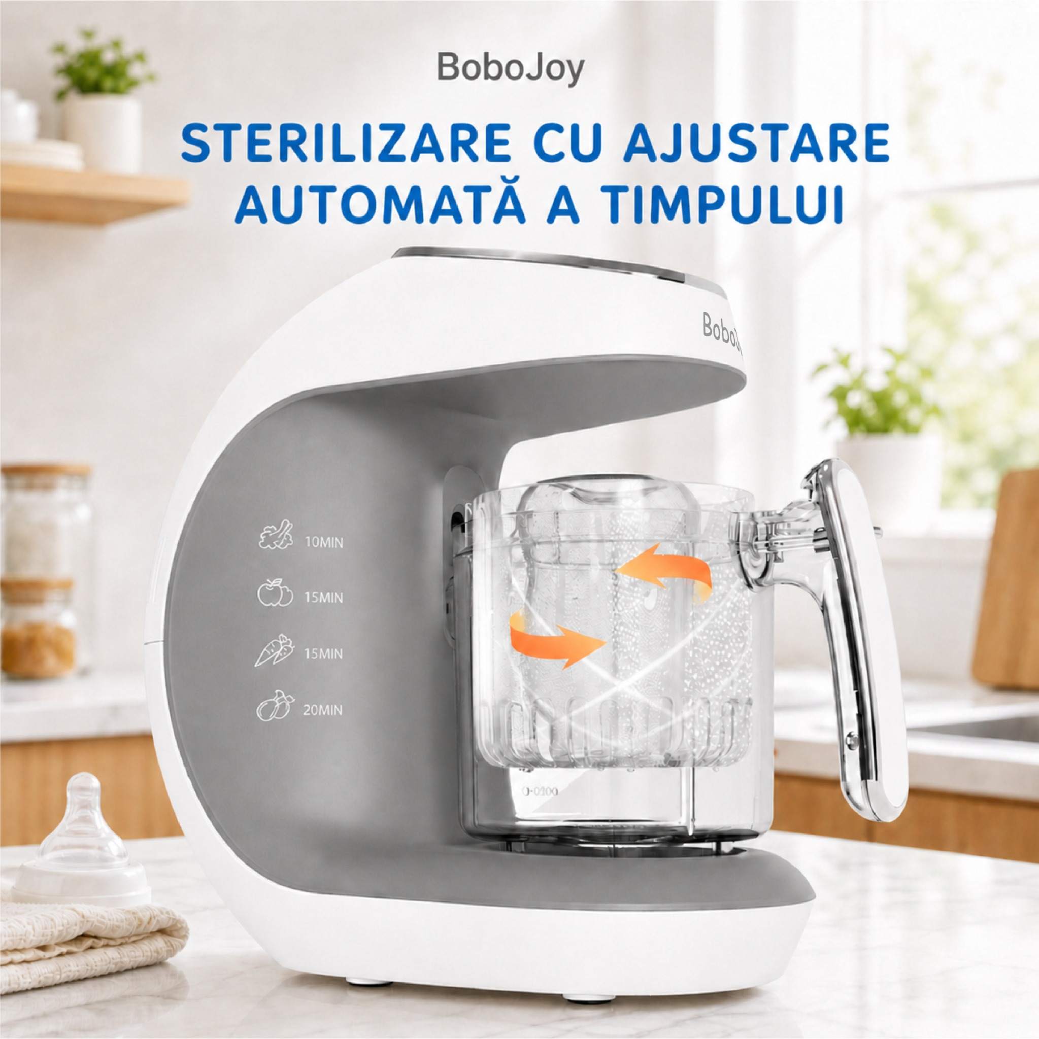 Aparat pentru prepararea mâncării bebelușului BoboJoy 3 Funcție de sterilizare automată cu ajustare a timpului la aparatul BoboJoy pentru bebeluși