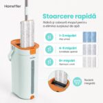 Mop plat Homettler cu stoarcere rapidă prin ridicare și coborâre, racletă integrată și control al nivelului de umiditate.
