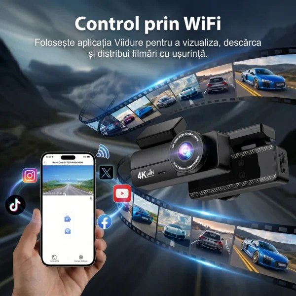 Camera auto de bord DVR 4K Trevix cu control prin WiFi pentru vizualizarea, descărcarea și distribuirea filmărilor prin aplicația Viidure.