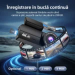 Camera auto de bord DVR 4K Trevix cu înregistrare în buclă continuă și suport pentru carduri de până la 256GB.