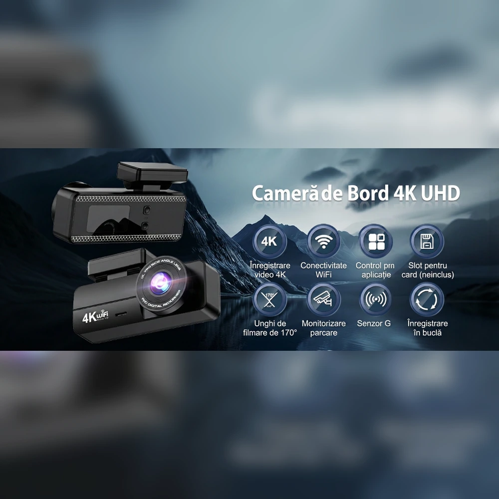 Camera auto de bord DVR 4K Trevix UHD cu WiFi, control prin aplicație, senzor G, monitorizare parcare și înregistrare în buclă.
