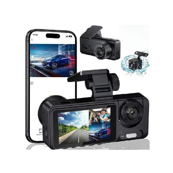 Cameră auto de bord DVR Trevix cu WiFi, control prin aplicație mobilă și cameră spate pentru filmare suplimentară.