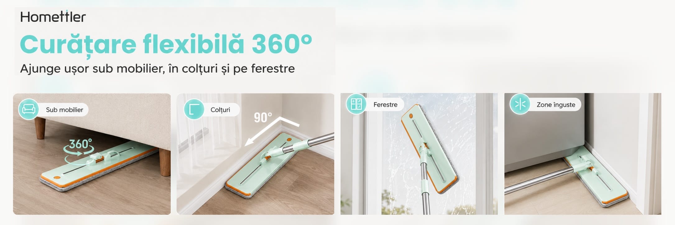 Cap de mop plat cu rotație 360° și acces în zone greu de curățat.