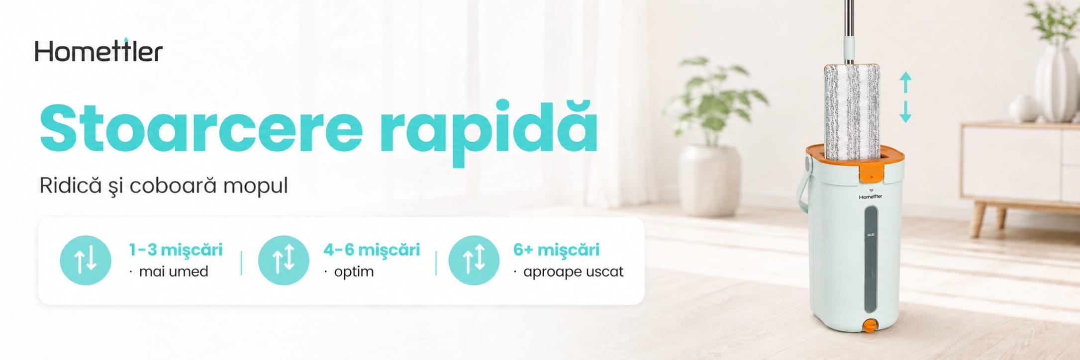 Banner Homettler cu mop plat și găleată portabilă, sistem de stoarcere rapidă prin ridicarea și coborârea mopului.